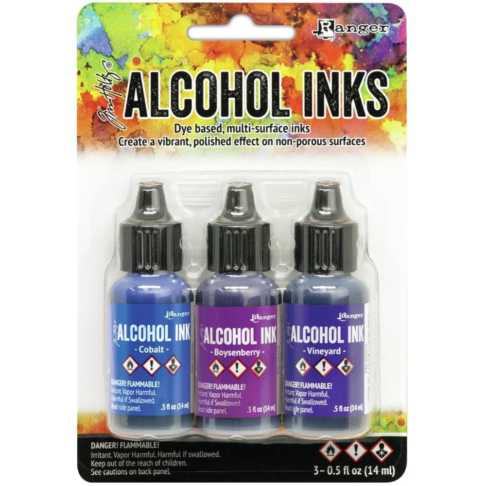 Tim Holtz - Ensemble «Alcohol Inks» couleur Cobalt / Boysendberry / Vineyard