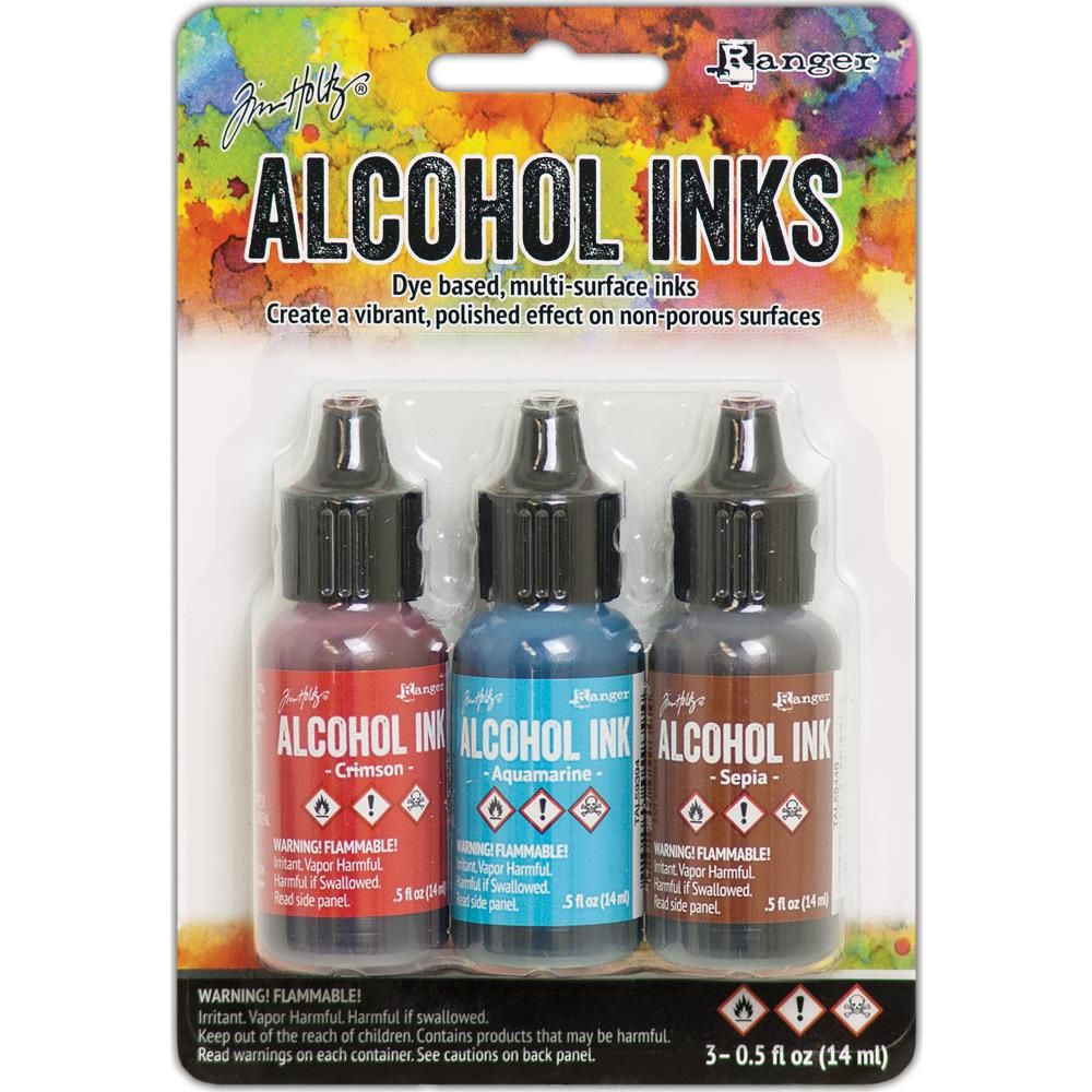 Tim Holtz - Ensemble «Alcohol Inks» couleur Crimson/Aquamarine/Sepia