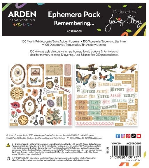 Arden Creative Studio - Éphéméra Pack prédécoupés «Remembering...» 64 pièces