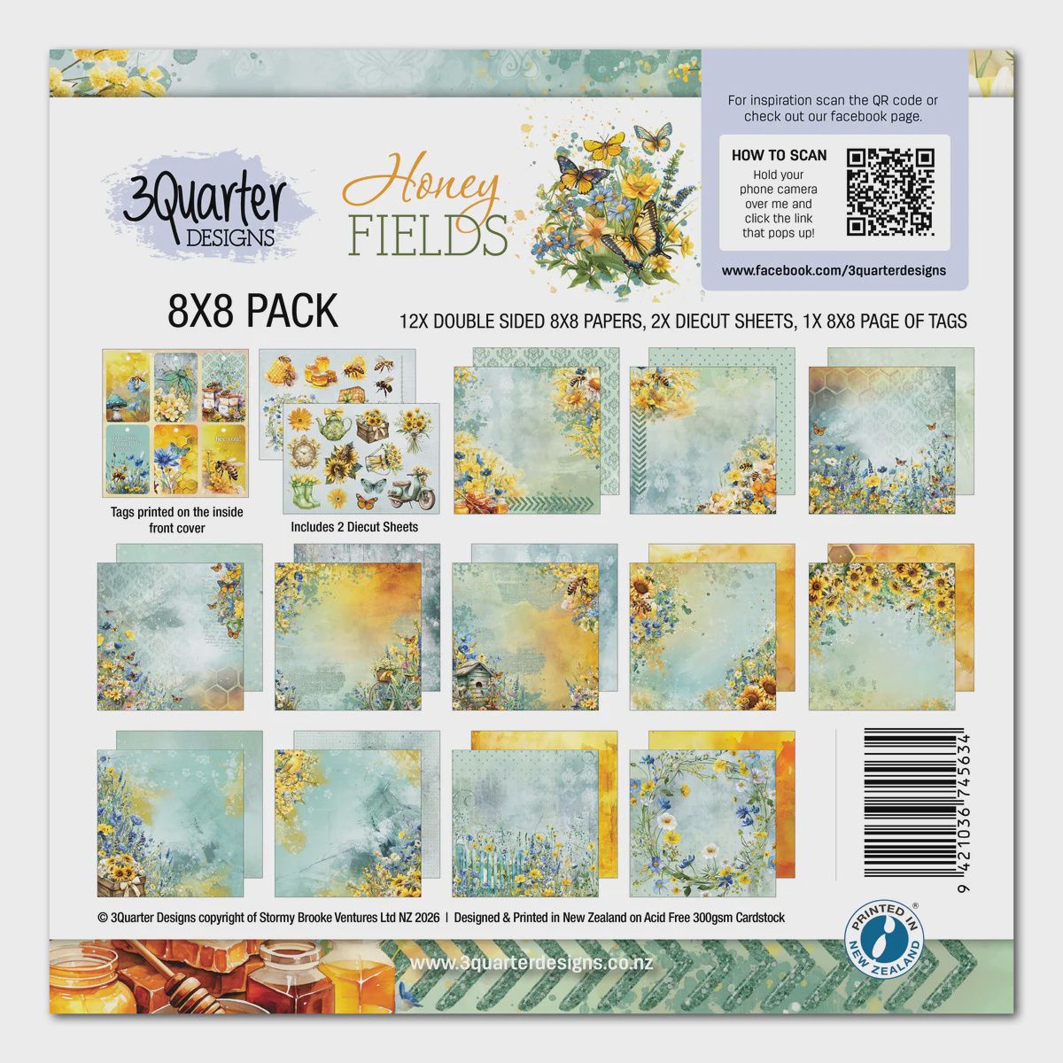 3Quarter Designs - Papier collection «Honey Fields» 8" X 8" 12 feuilles