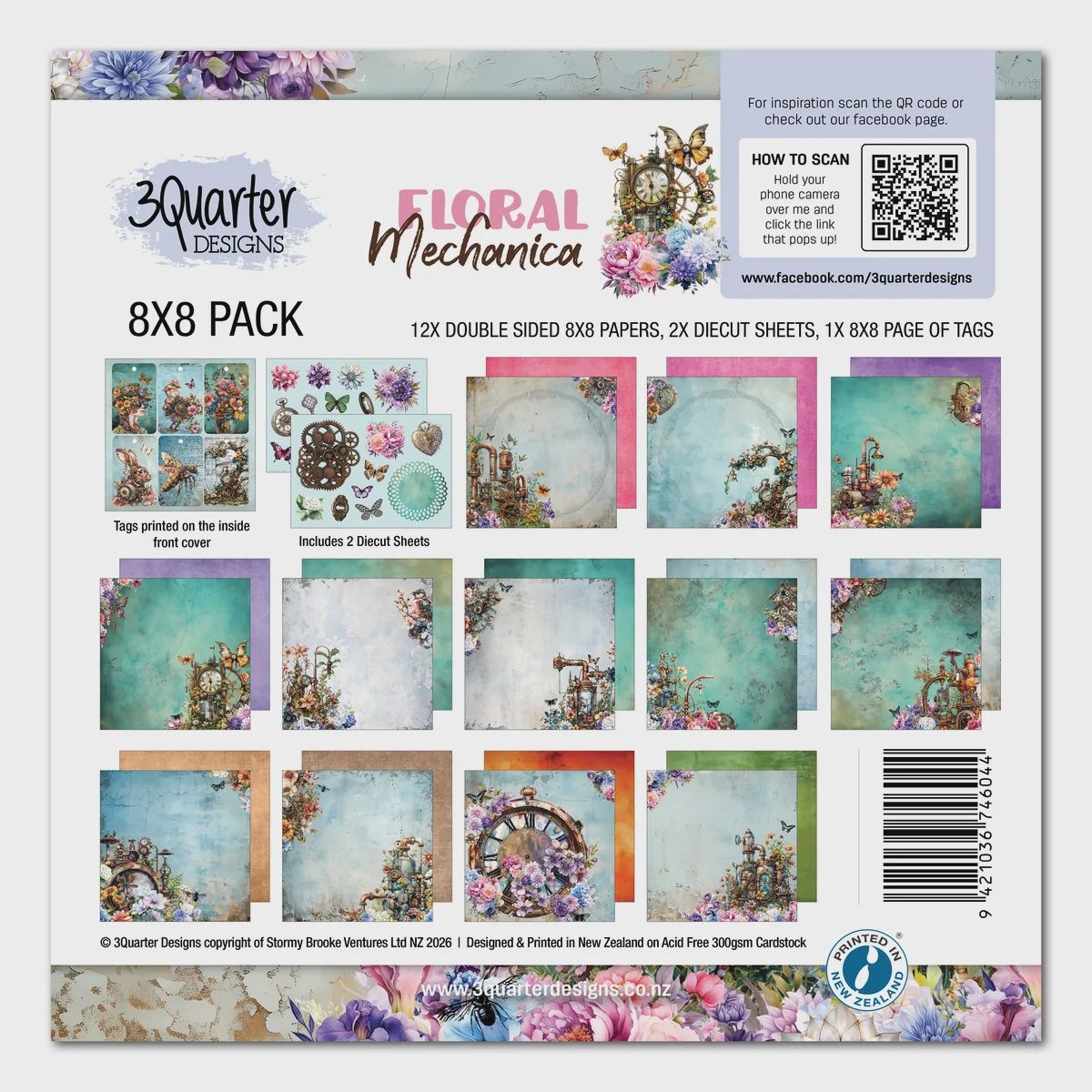 3Quarter Designs - Papier collection «Floral Mechanica» 8" X 8" 12 feuilles