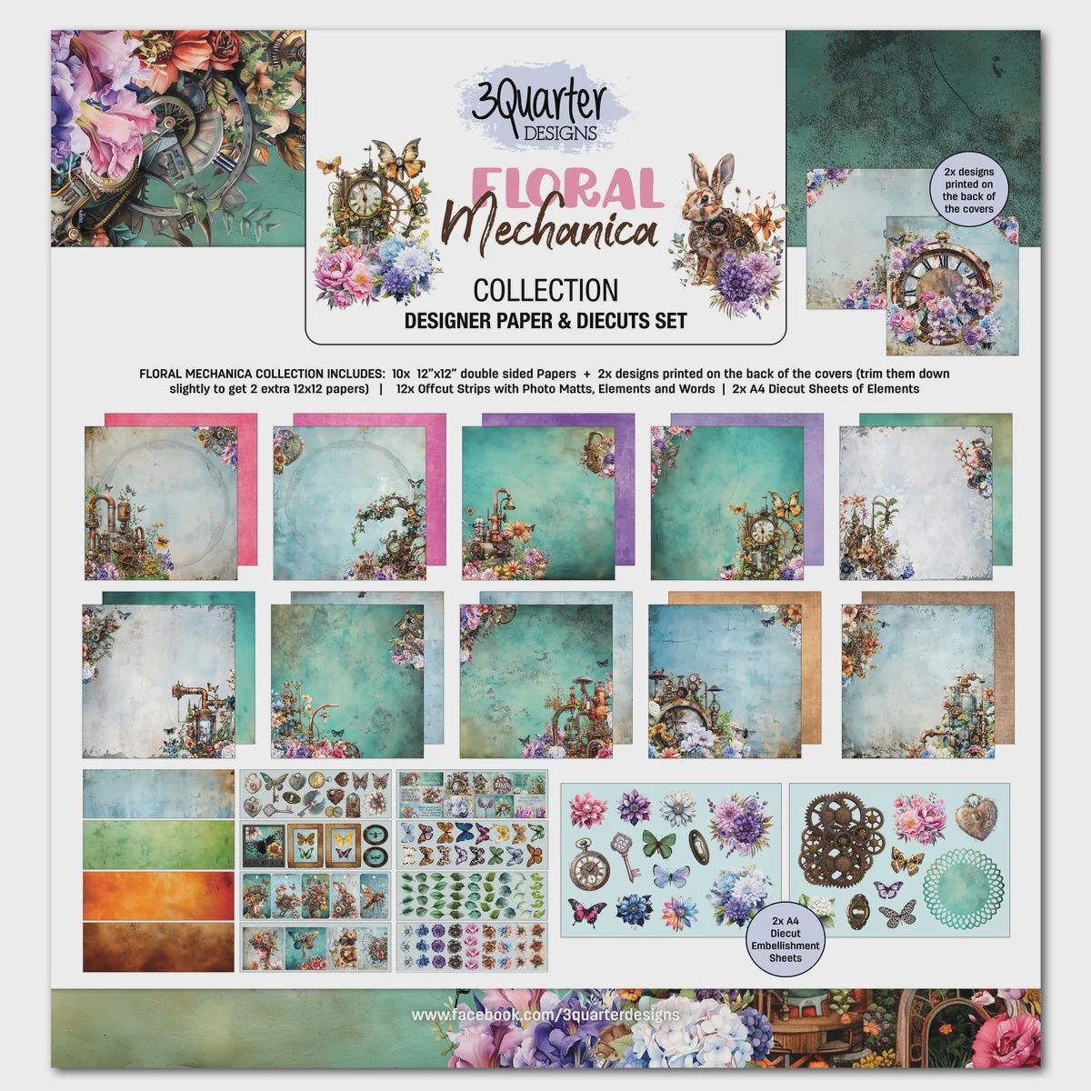 3 Quarter Designs - Papier collection «Floral Machanica» 12" X 12" 10 feuilles