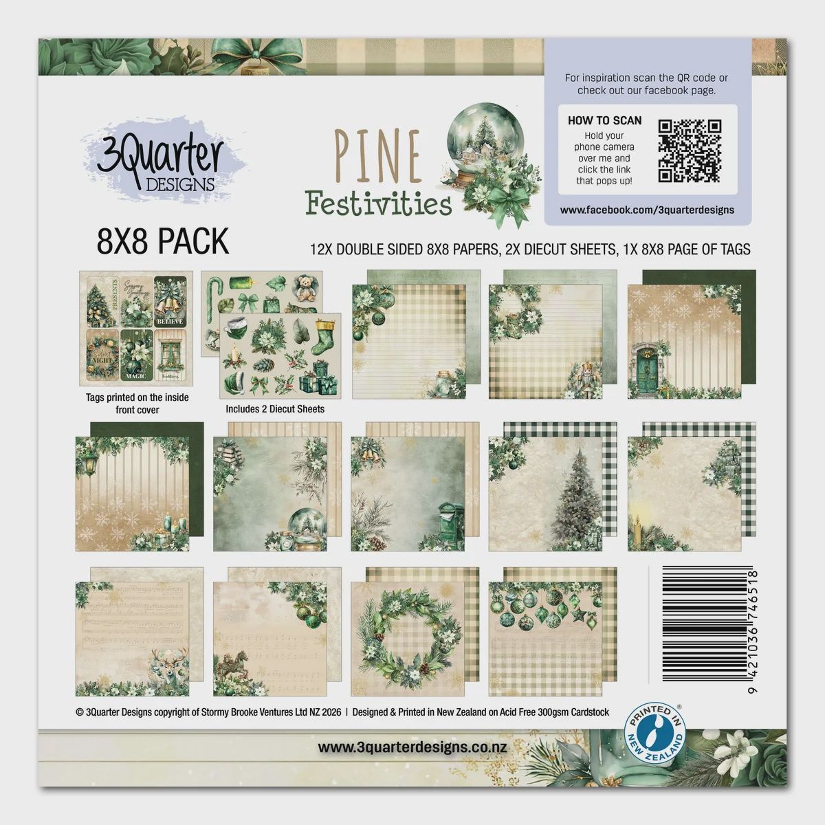 3Quarter Designs - Papier collection «Pine Festivities» 8" X 8" 12 feuilles