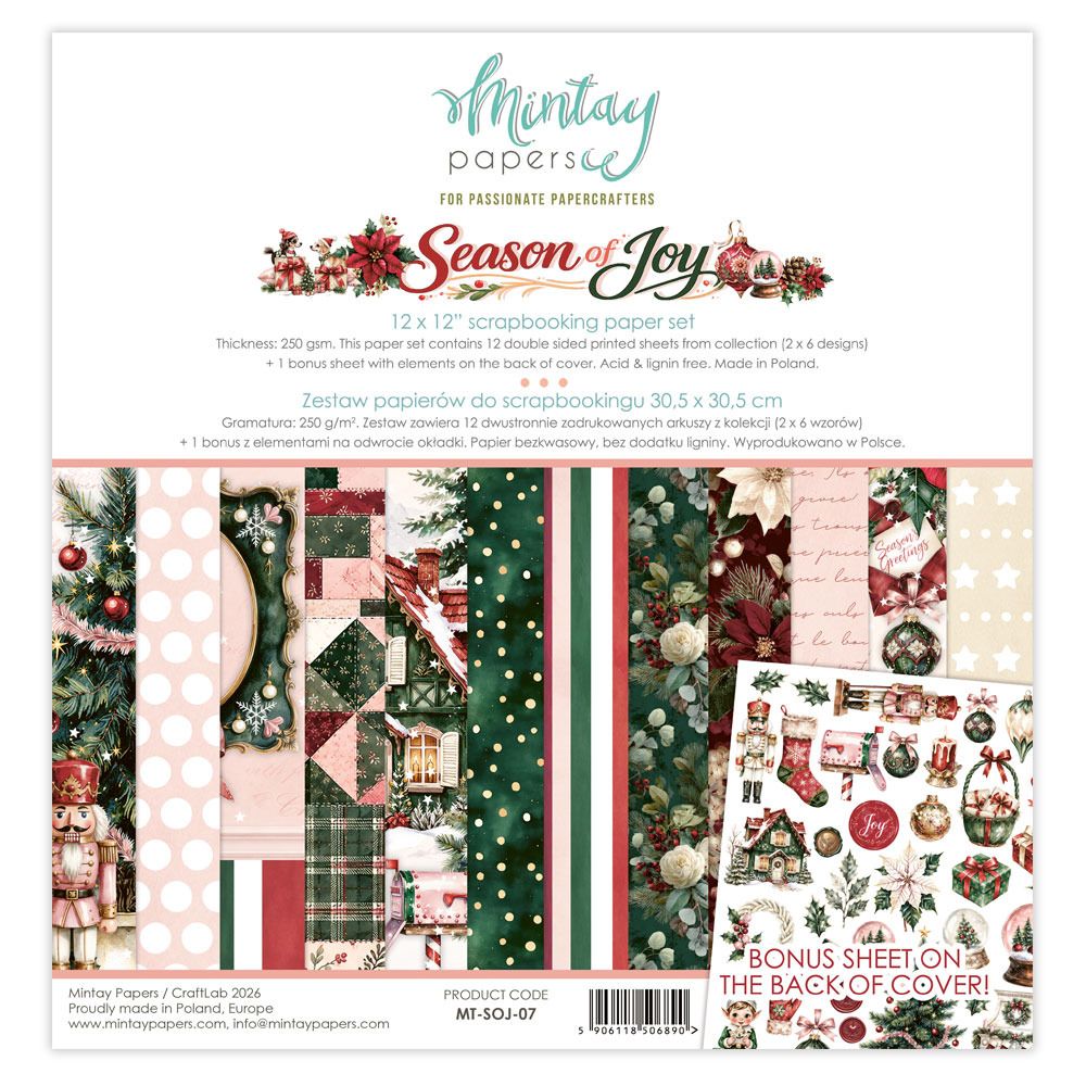 Mintay - Papier 12x12 Season of Joy, 12 feuilles recto-verso
