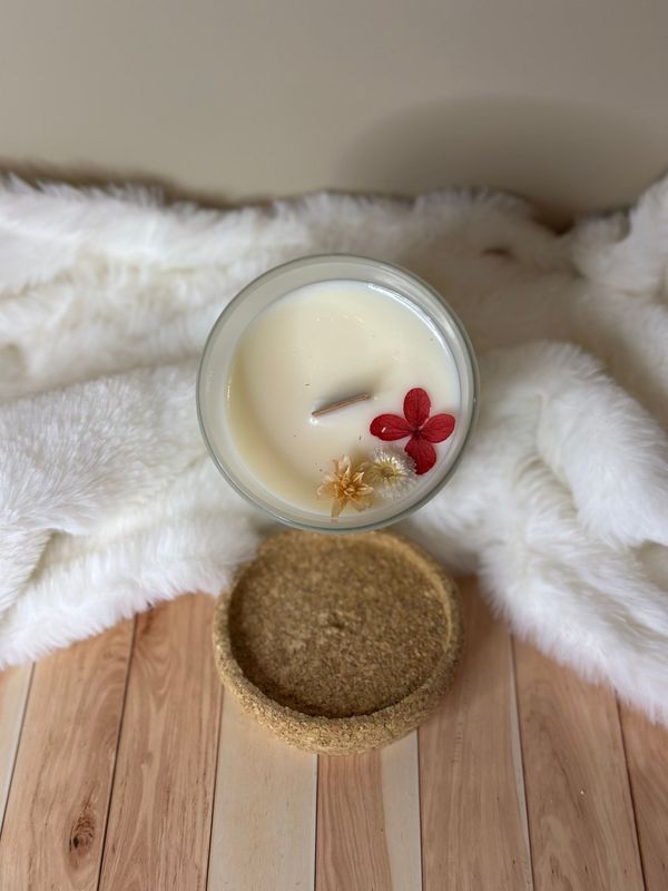 Bougie fleurs séchées verre Givré 150g