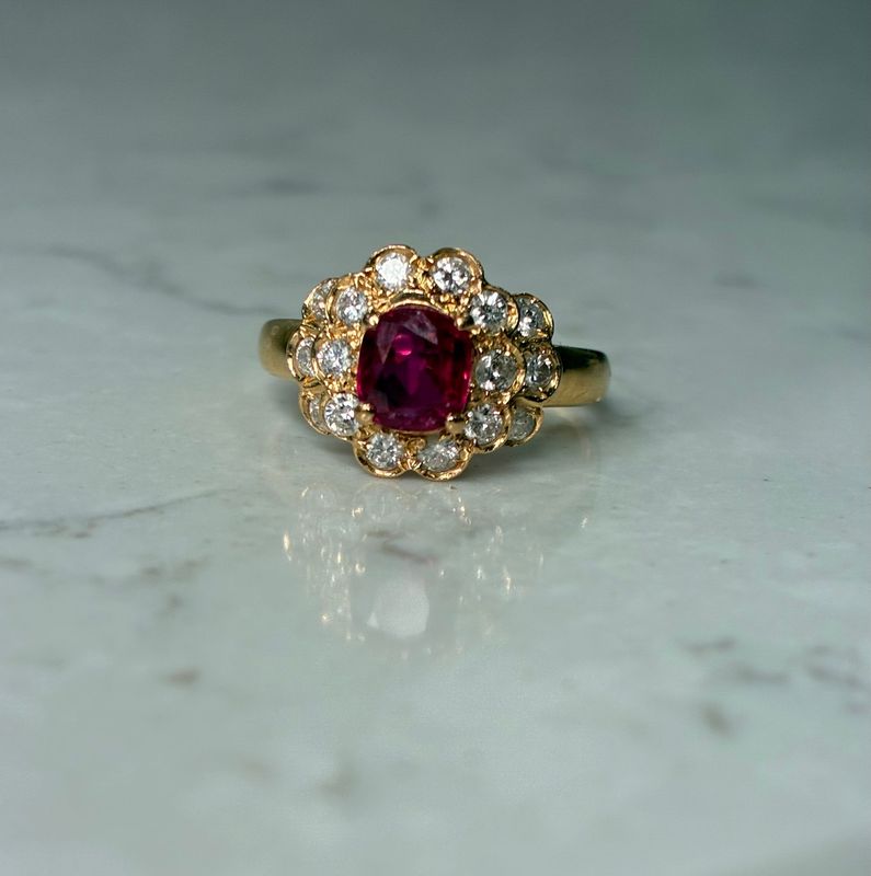 Vintage 18ct yellow gold, ruby and diamond flower ring