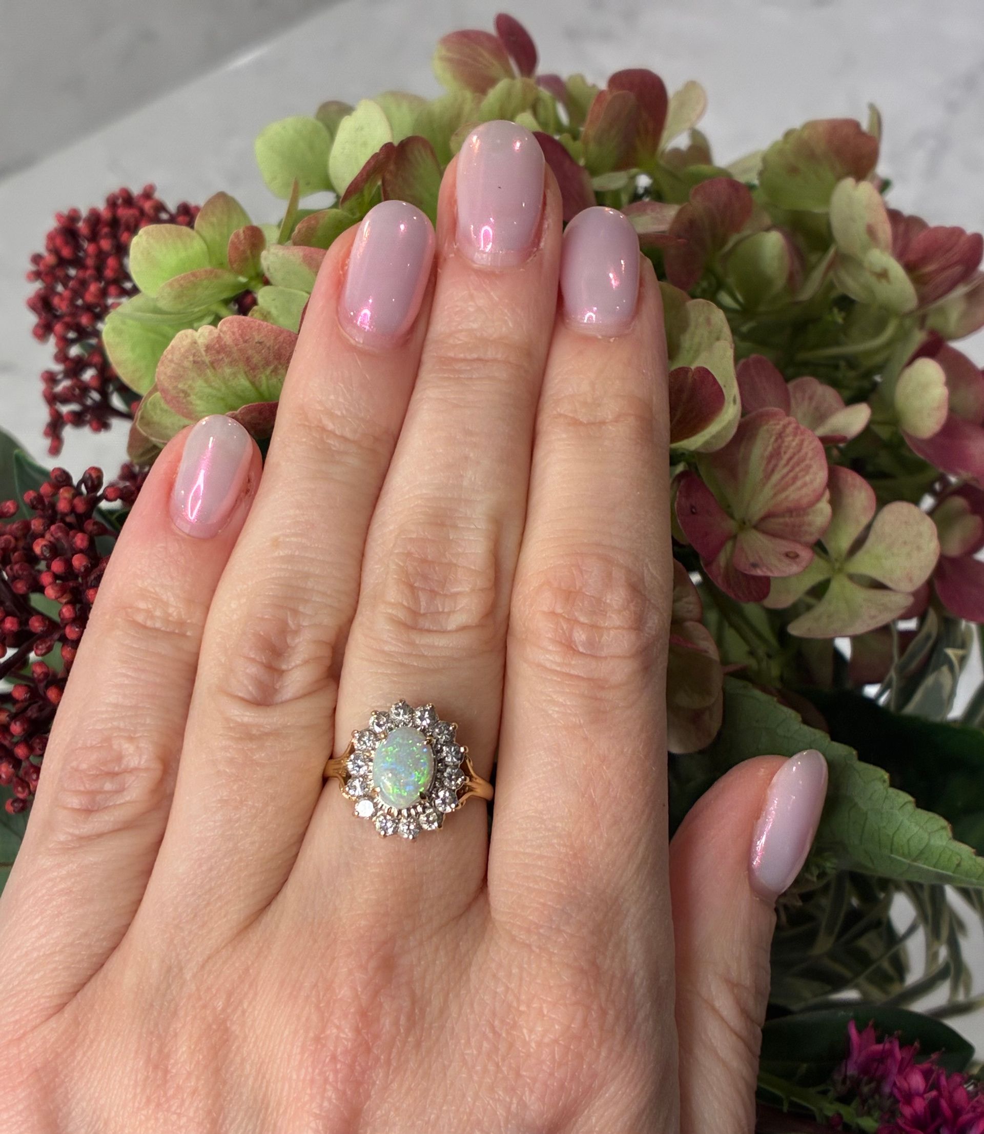 Vintage 14ct yellow gold, opal and diamond ring