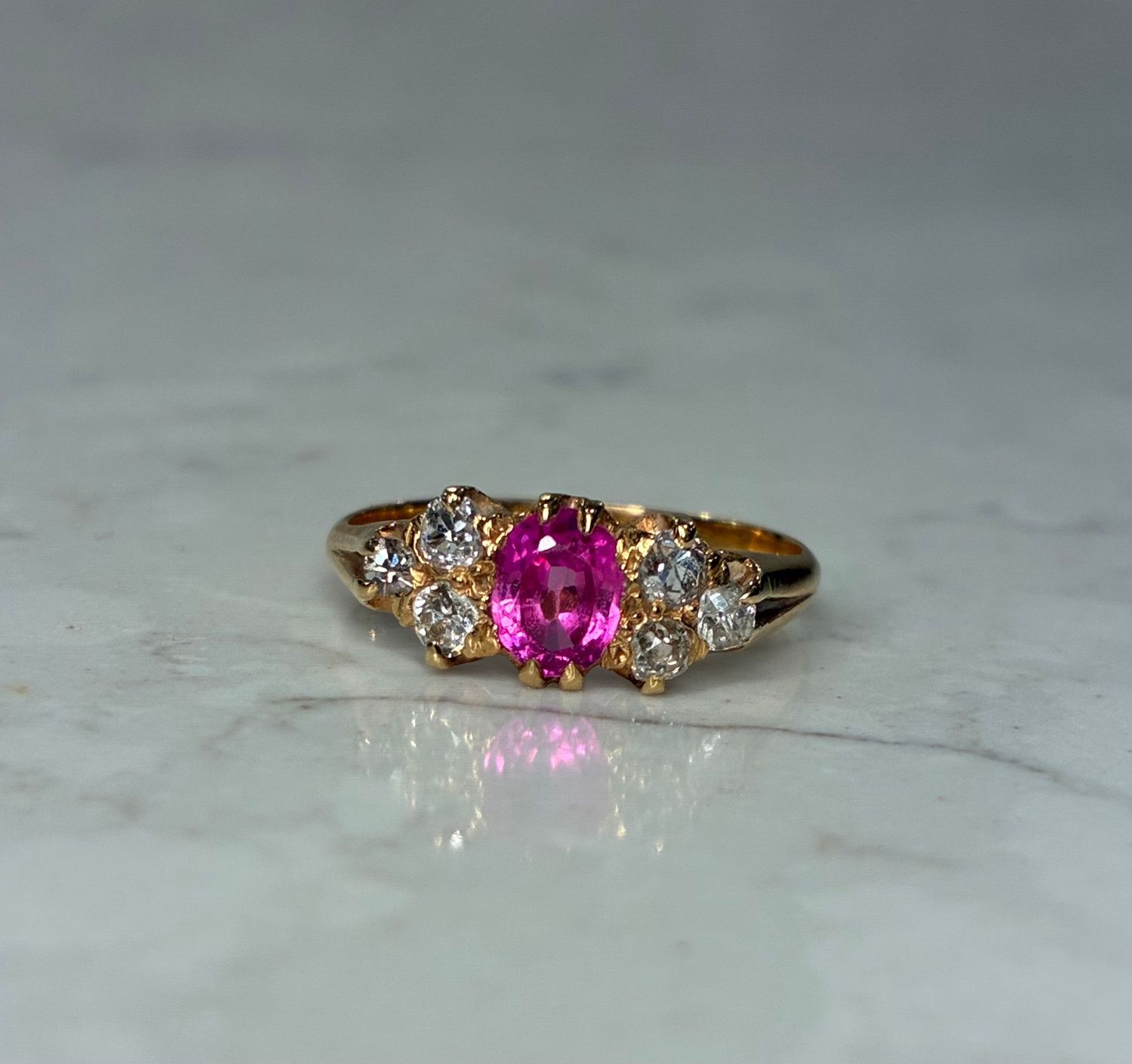 Vintage 18ct yellow gold pink sapphire and diamond ring Vintage 18ct yellow gold pink sapphire and diamond ring