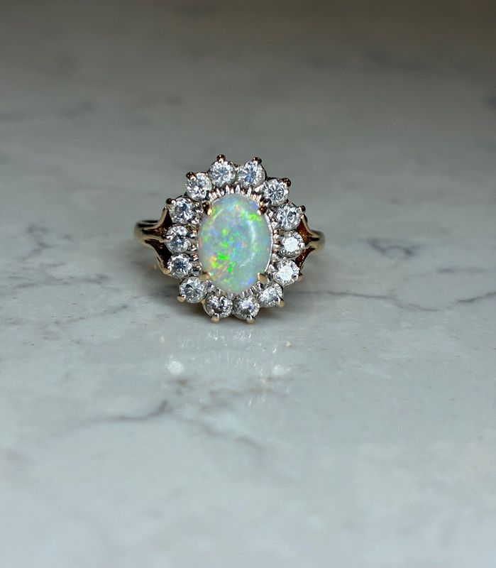 Vintage 14ct yellow gold, opal and diamond ring