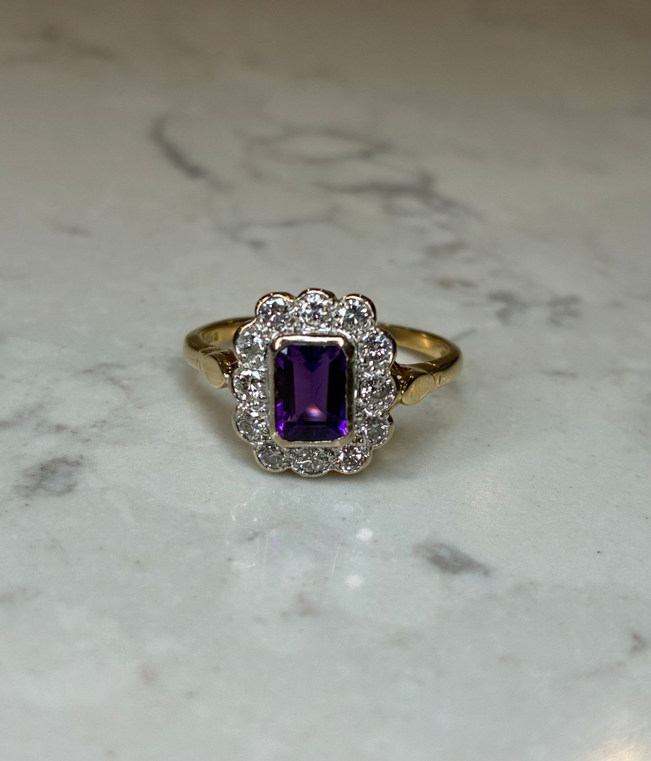 Vintage 18ct yellow gold amethyst and diamond cluster ring Vintage 18ct yellow gold amethyst and diamond cluster ring