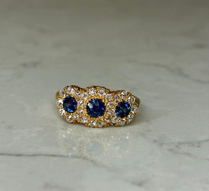 Vintage 18ct yellow gold, triple sapphire and diamond cluster ring