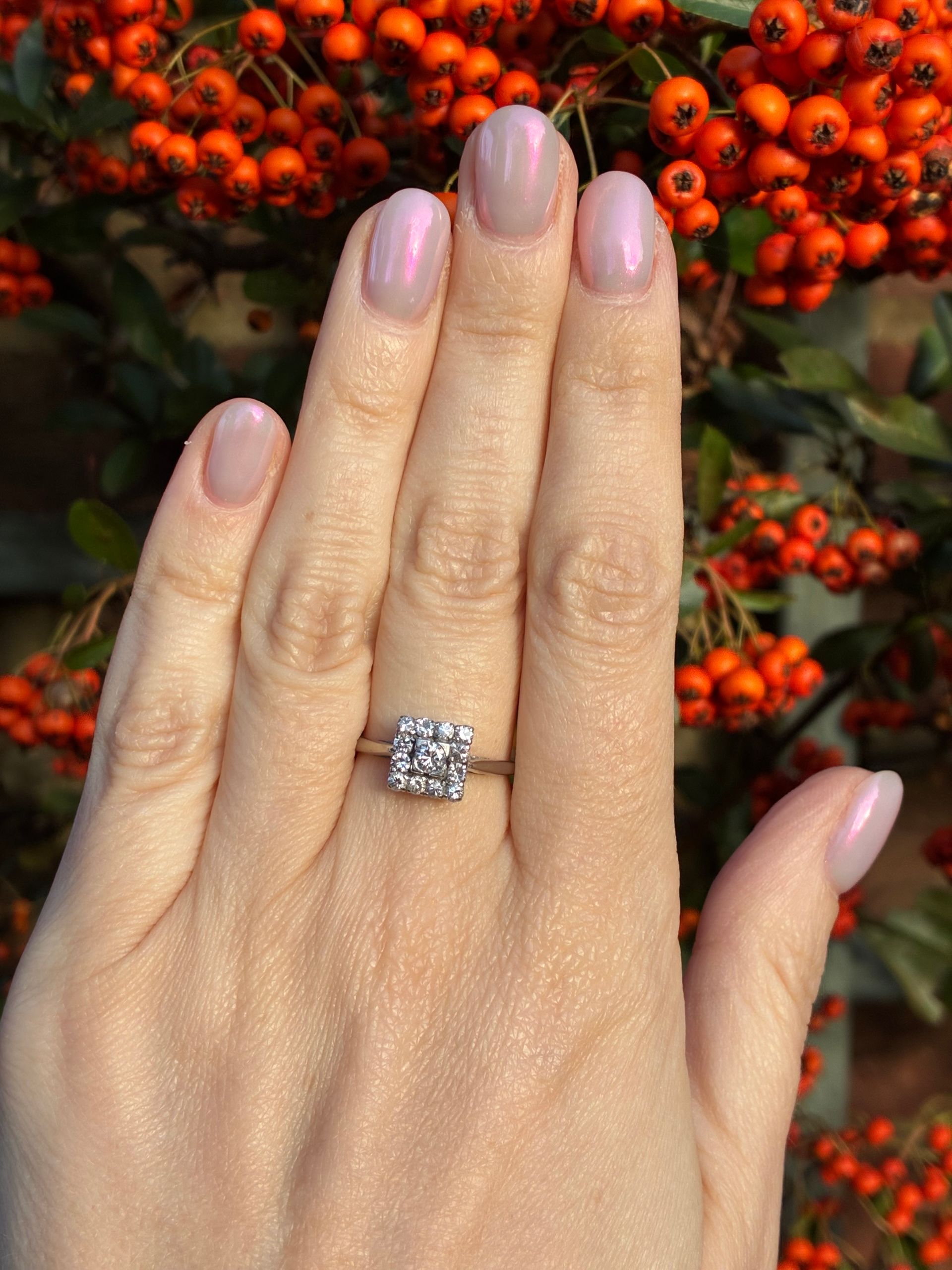 Vintage 18ct white gold diamond square cluster ring