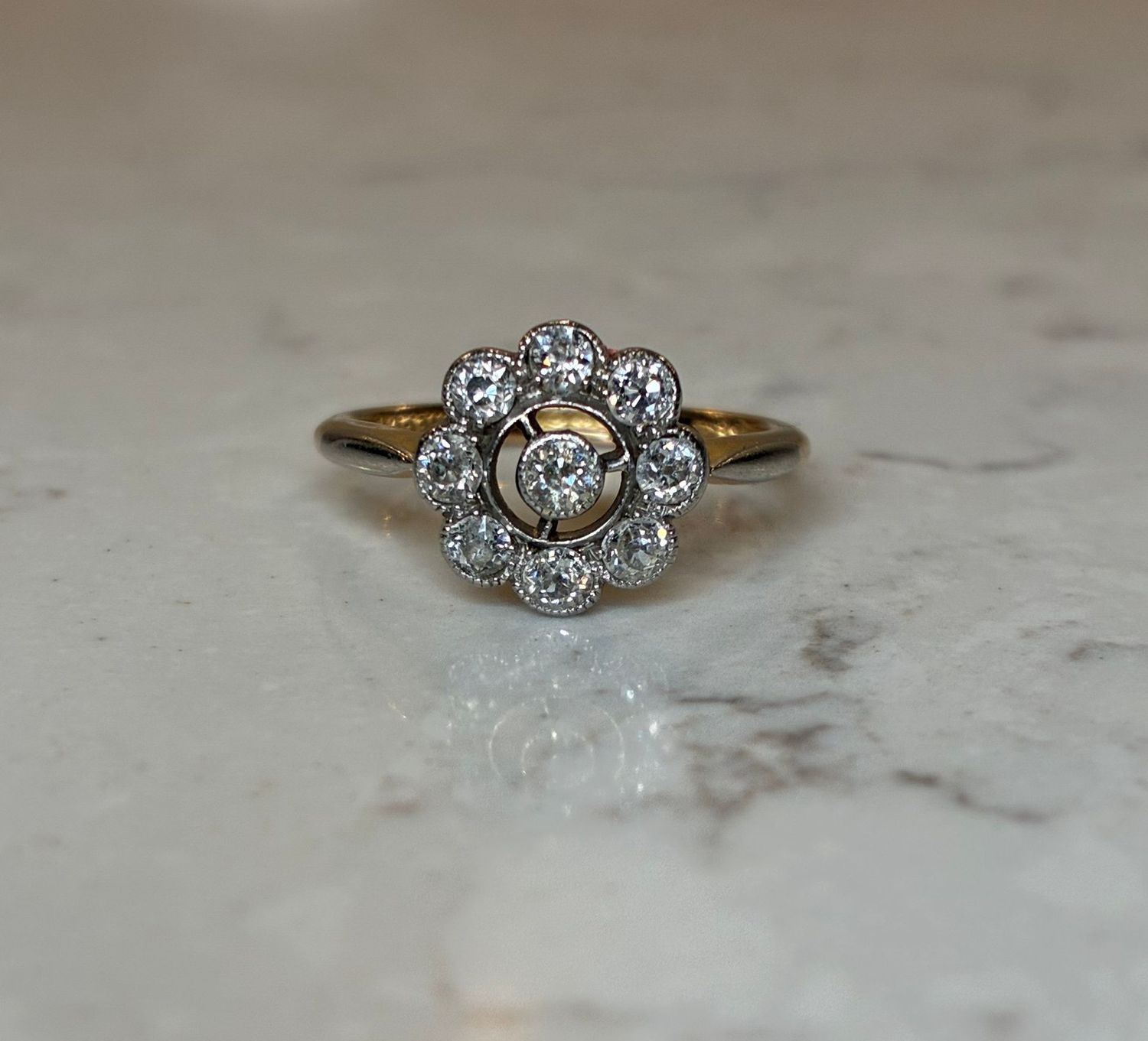 Edwardian 18ct gold and platinum openwork diamond daisy ring Edwardian 18ct gold and platinum openwork diamond daisy ring