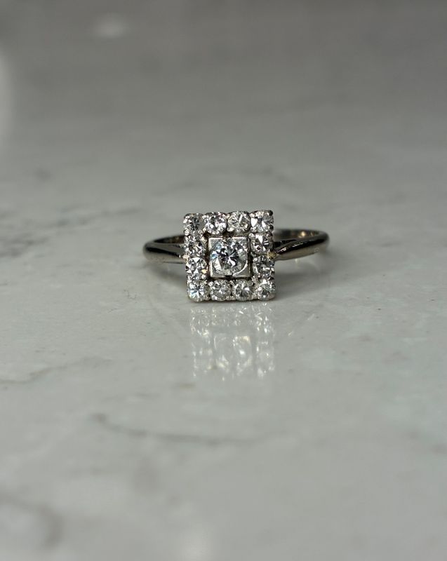 Vintage 18ct white gold diamond square cluster ring