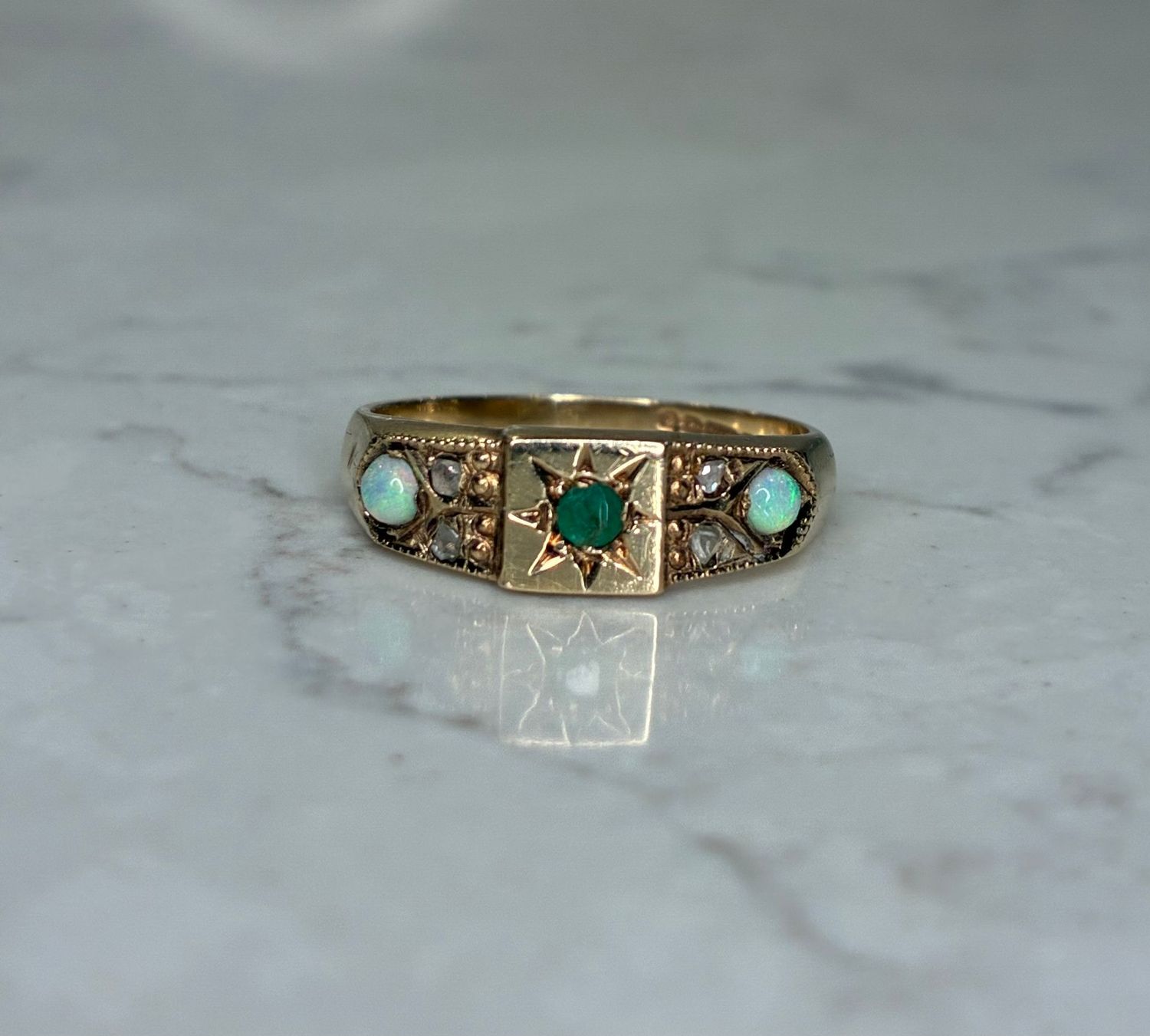 Victorian 9ct gold emerald, opal & diamond ring