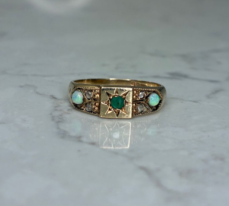 Victorian 9ct gold emerald, opal & diamond ring
