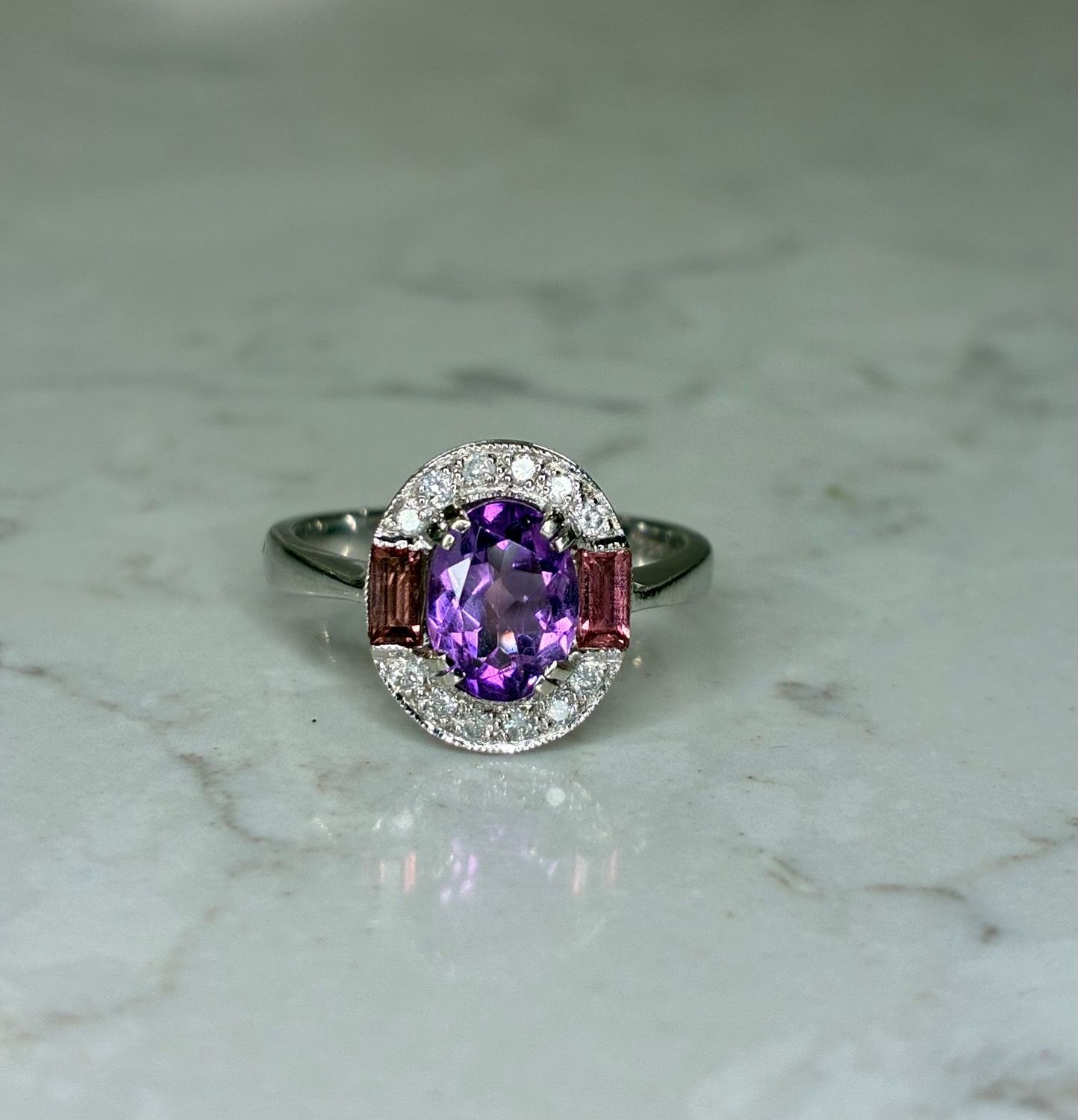 Vintage 9ct white gold amethyst, diamond & pink tourmaline ring Vintage 9ct white gold amethyst, diamond & pink tourmaline ring