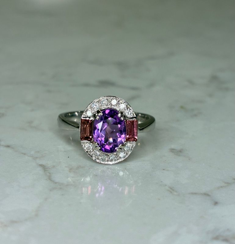 Vintage 9ct white gold amethyst, diamond & pink tourmaline ring