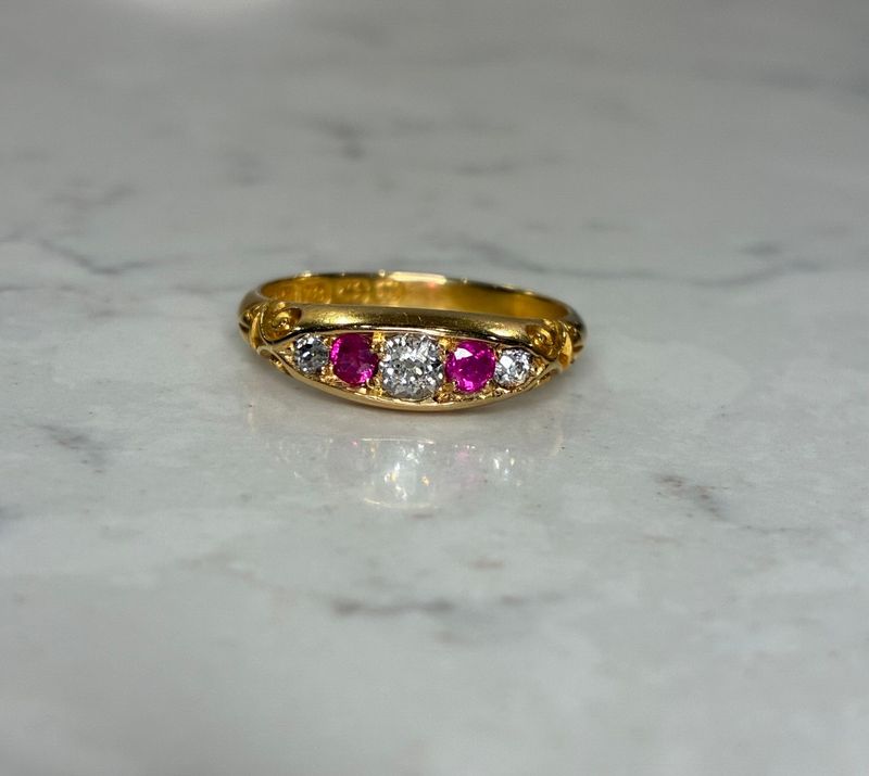 Victorian 18ct gold five-stone diamond and ruby ring