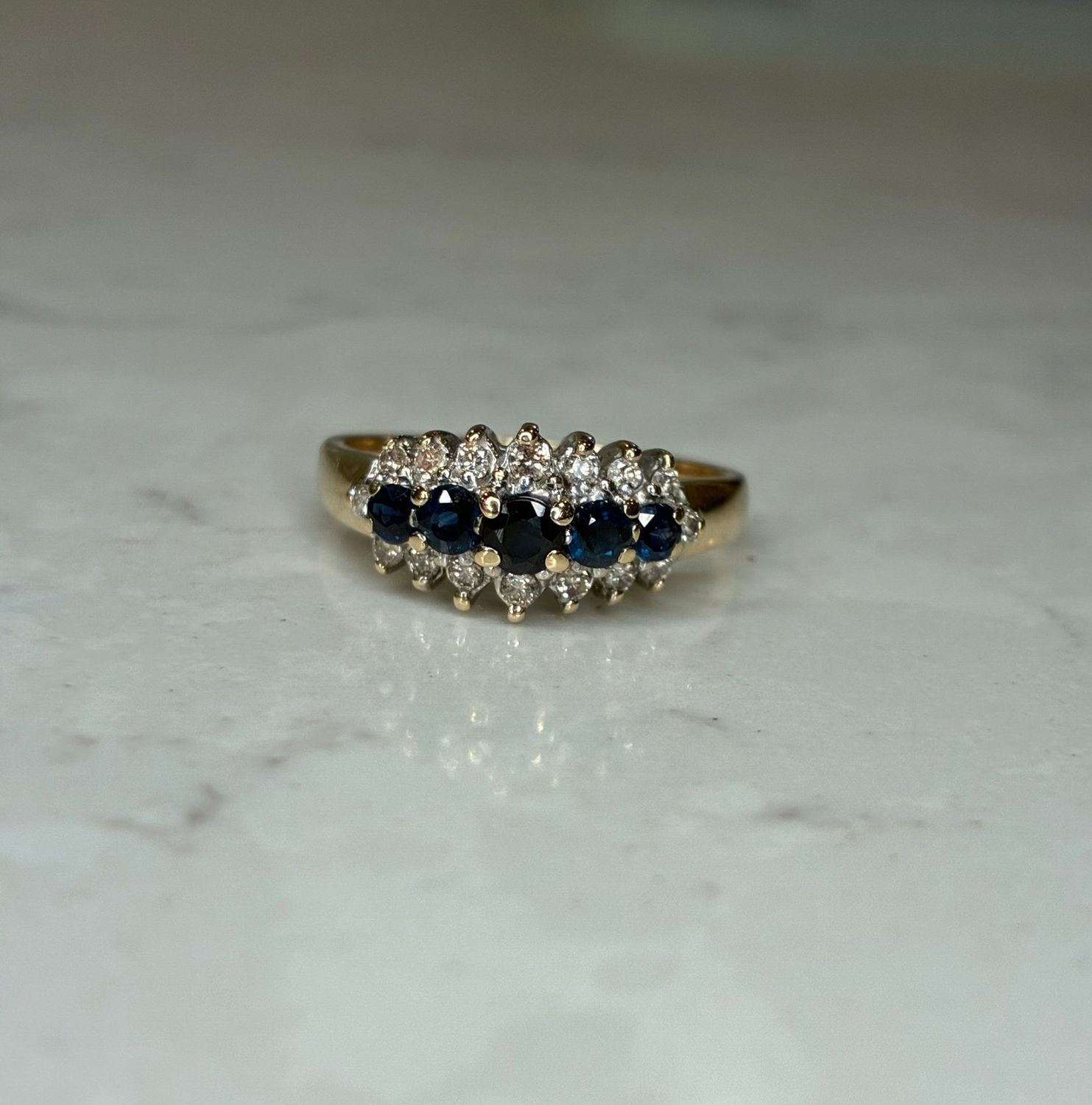 Vintage 9ct yellow gold sapphire & diamond bridge ring