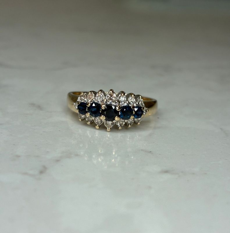 Vintage 9ct yellow gold sapphire & diamond bridge ring