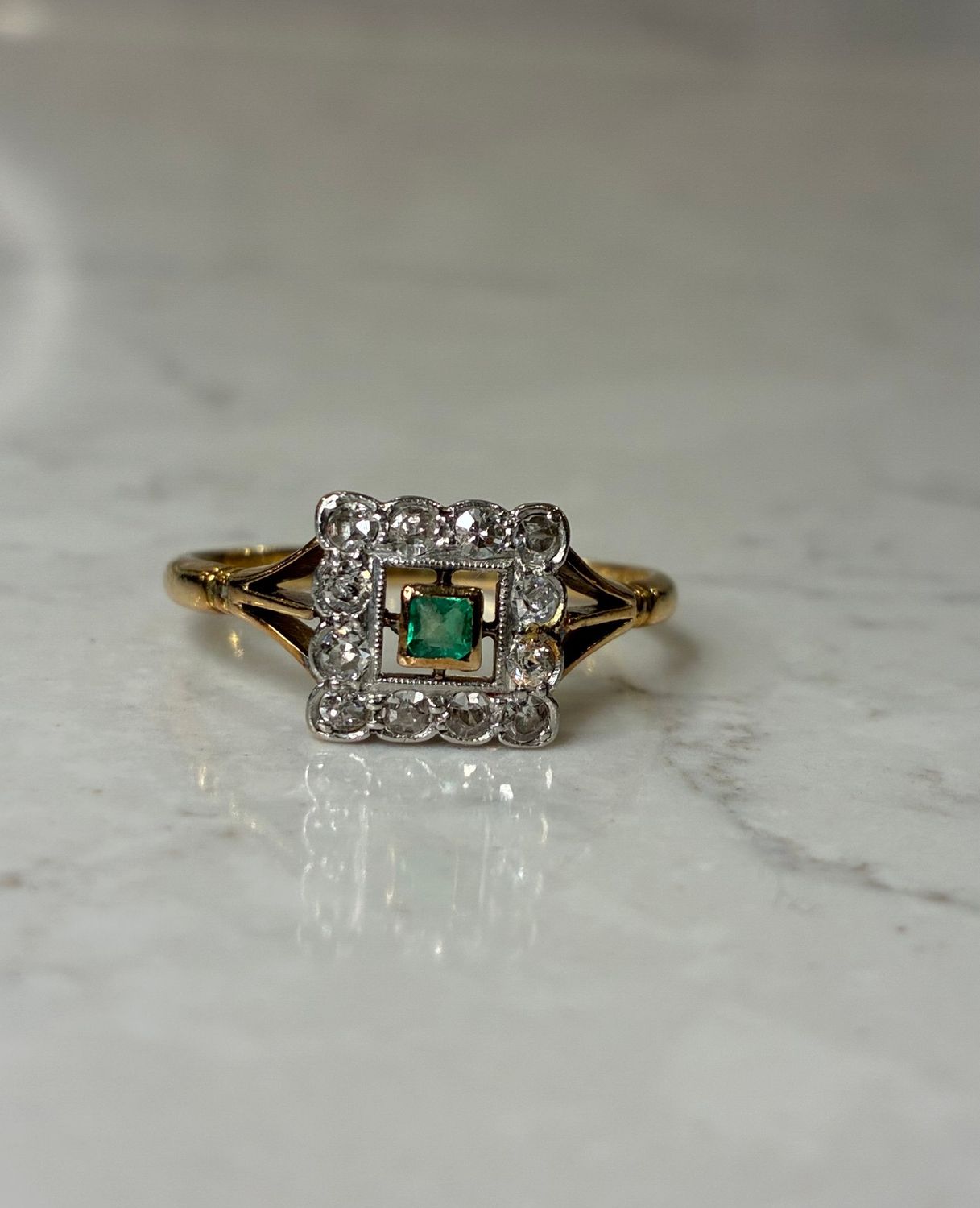 Vintage 18ct gold emerald and diamond square shape ring Vintage 18ct gold emerald and diamond square shape ring