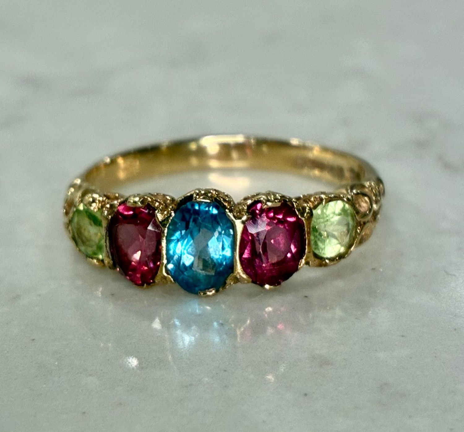 Vintage 9ct yellow gold tourmaline, peridot and blue topaz ring