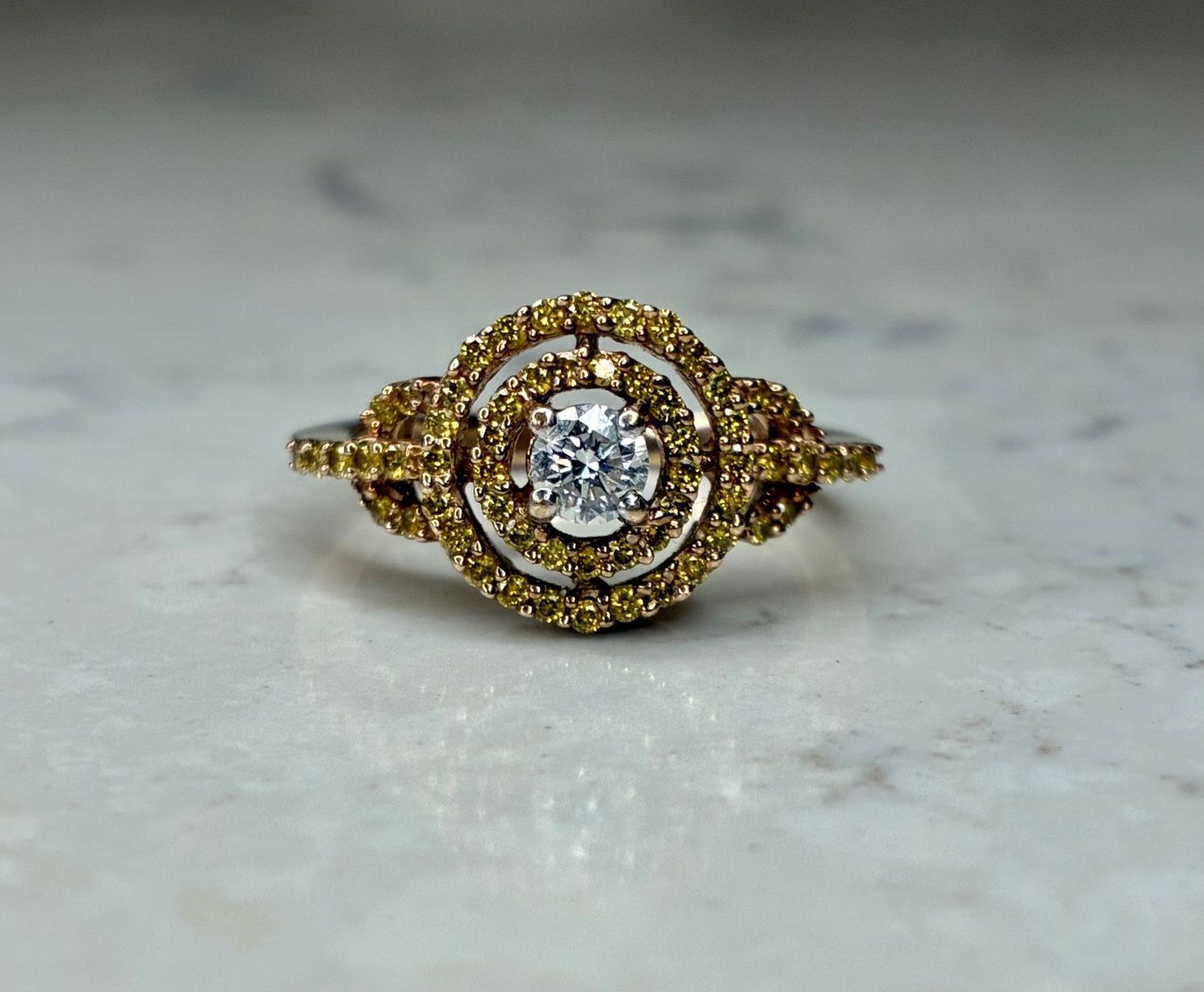 Vintage 9ct yellow gold, white & yellow diamond halo ring