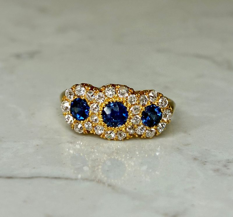 Vintage 18ct yellow gold, triple sapphire and diamond cluster ring