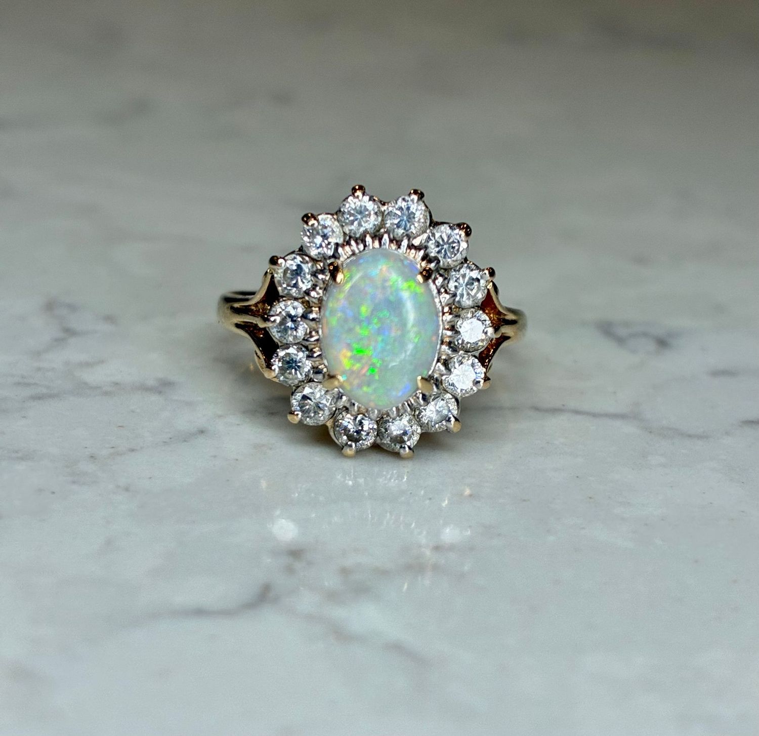 Vintage 14ct yellow gold, opal and diamond ring