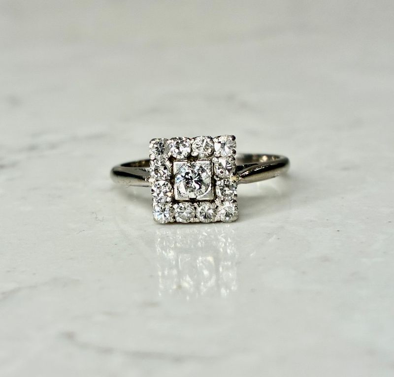 Vintage 18ct white gold diamond square cluster ring
