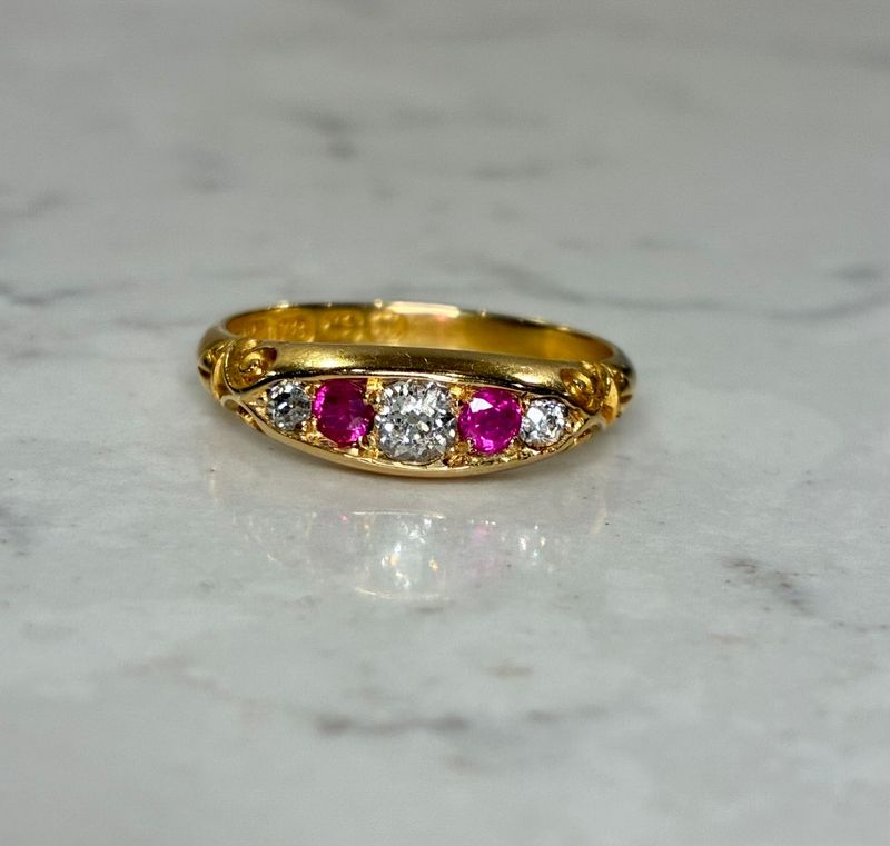 Victorian 18ct gold five-stone diamond and ruby ring