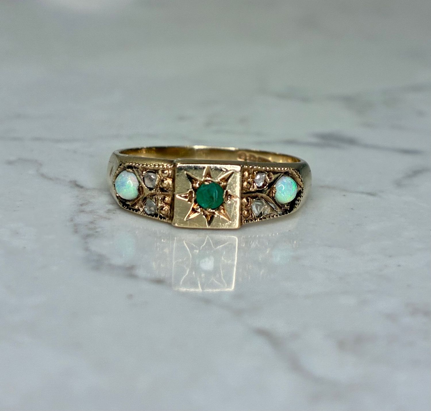 Victorian 9ct gold emerald, opal & diamond ring