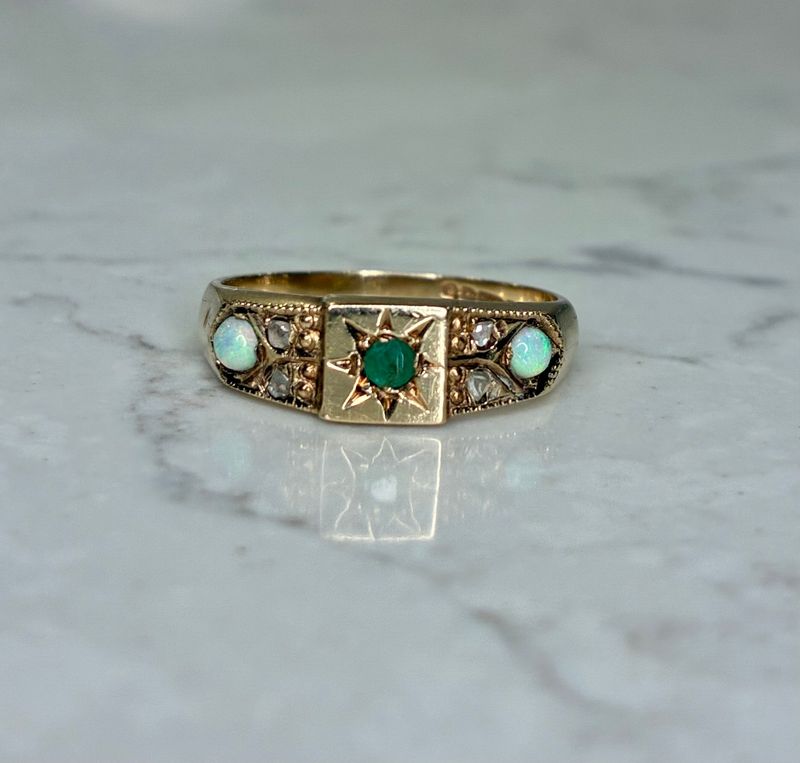 Victorian 9ct gold emerald, opal & diamond ring