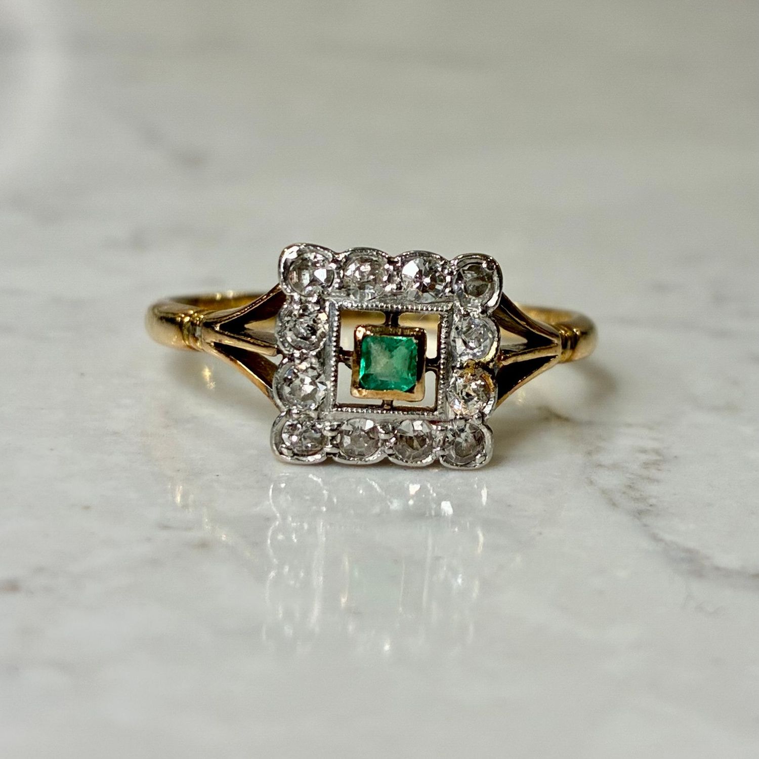 Vintage 18ct gold emerald and diamond square shape ring