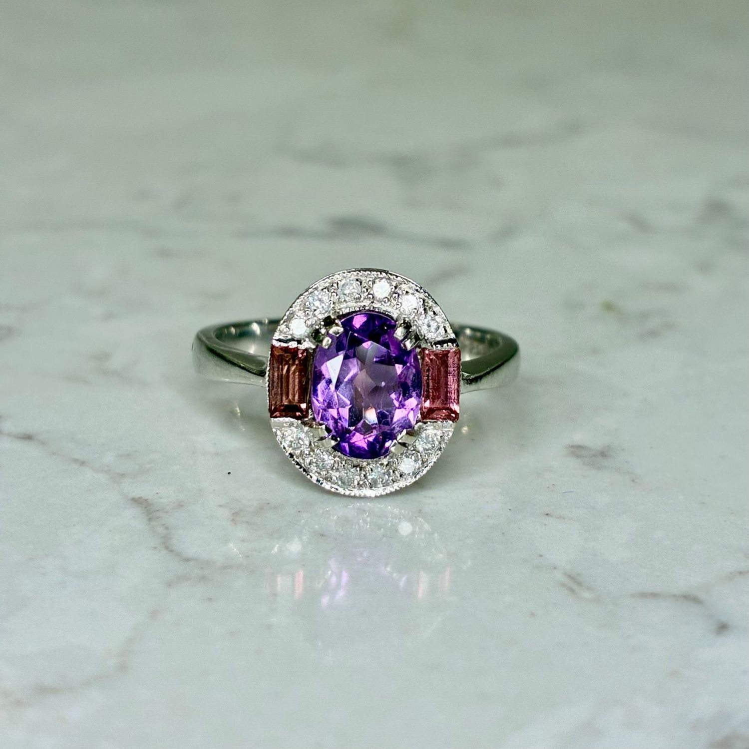 Vintage 9ct white gold amethyst, diamond & pink tourmaline ring