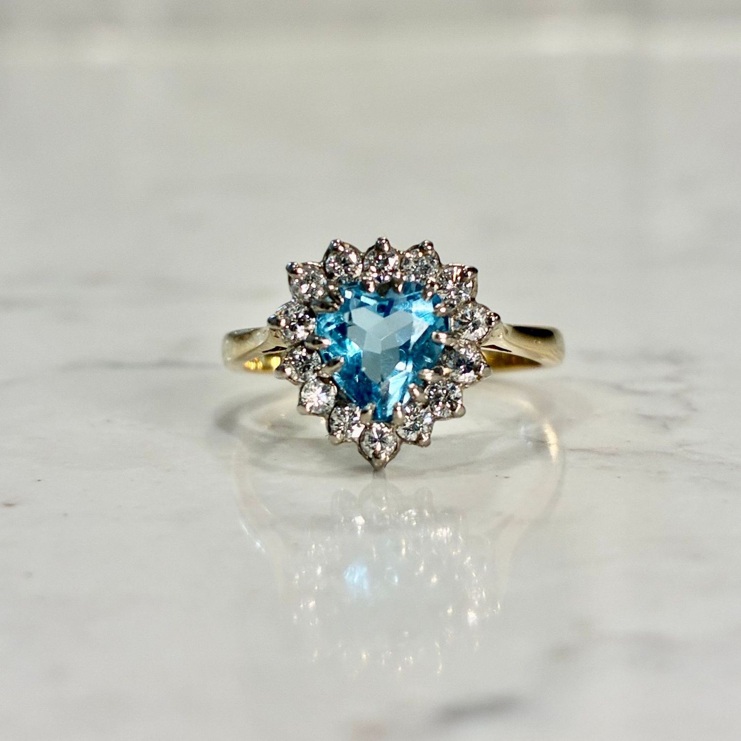 Vintage 18ct heart-shaped yellow gold and platinum aquamarine and diamond ring
