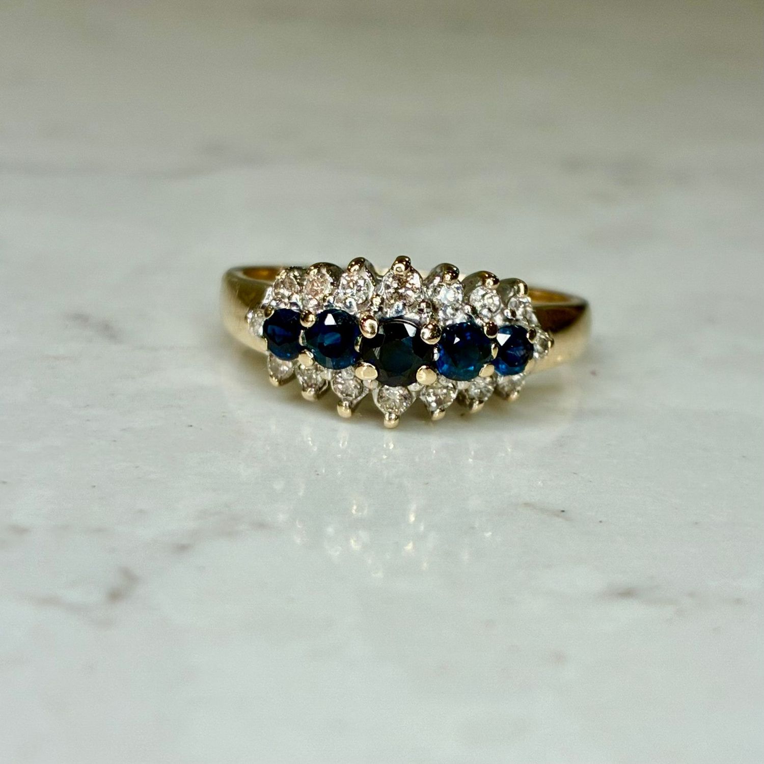 Vintage 9ct yellow gold sapphire & diamond bridge ring