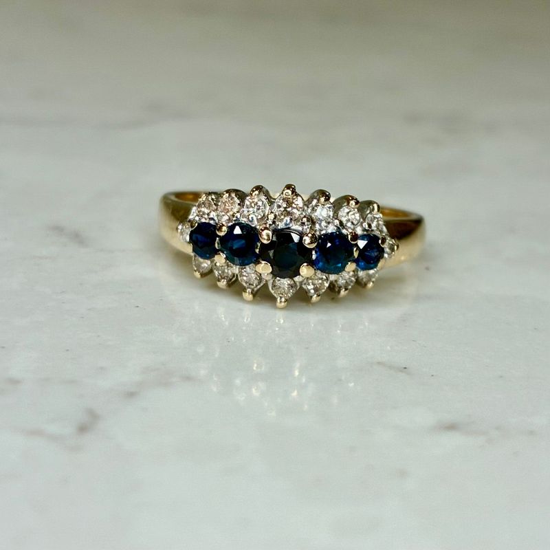 Vintage 9ct yellow gold sapphire & diamond bridge ring