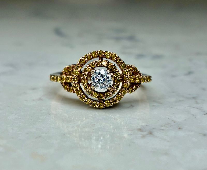 Vintage 9ct yellow gold, white & yellow diamond halo ring
