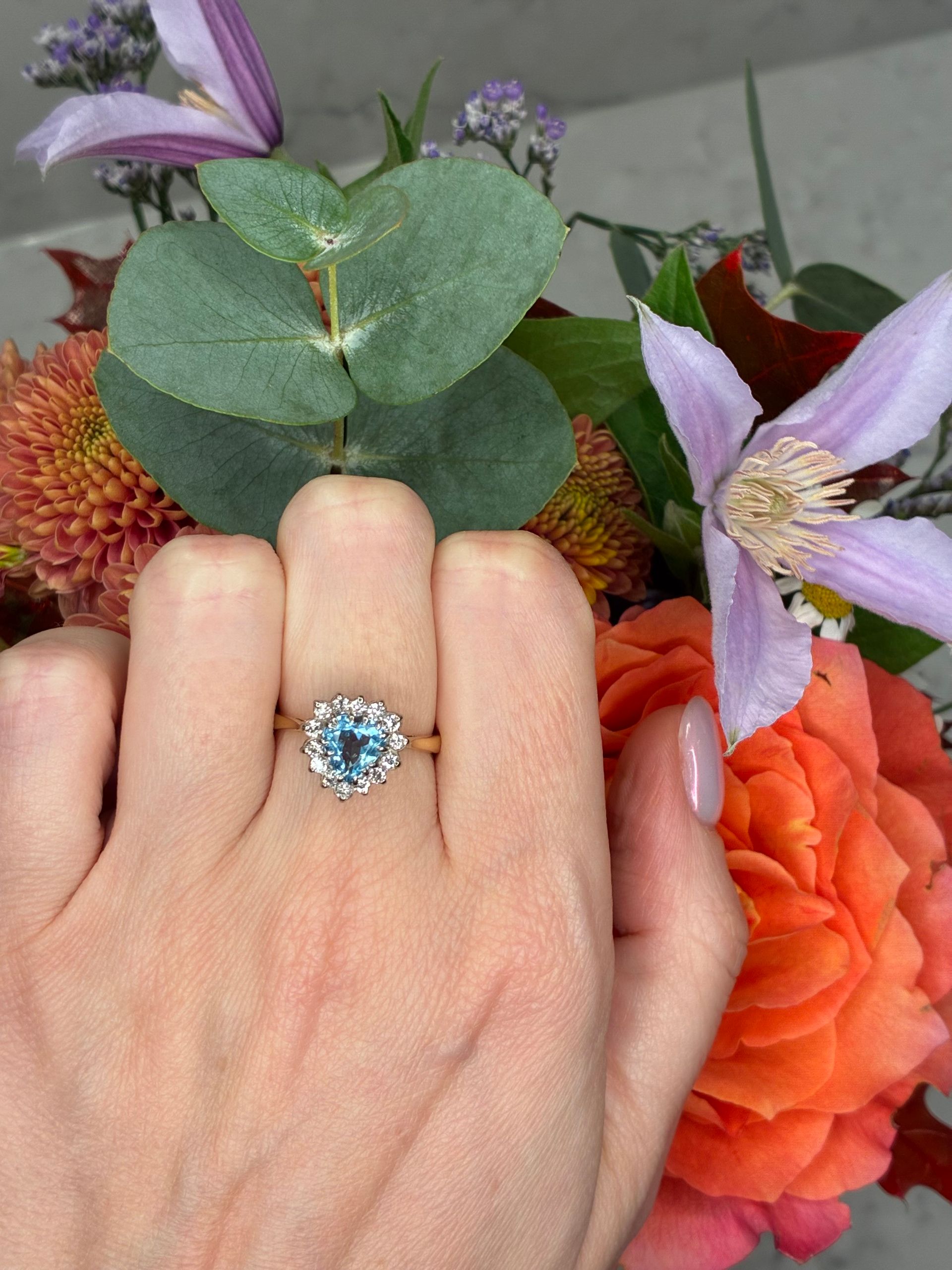 Vintage 18ct yellow gold heart-shaped aquamarine and diamond ring