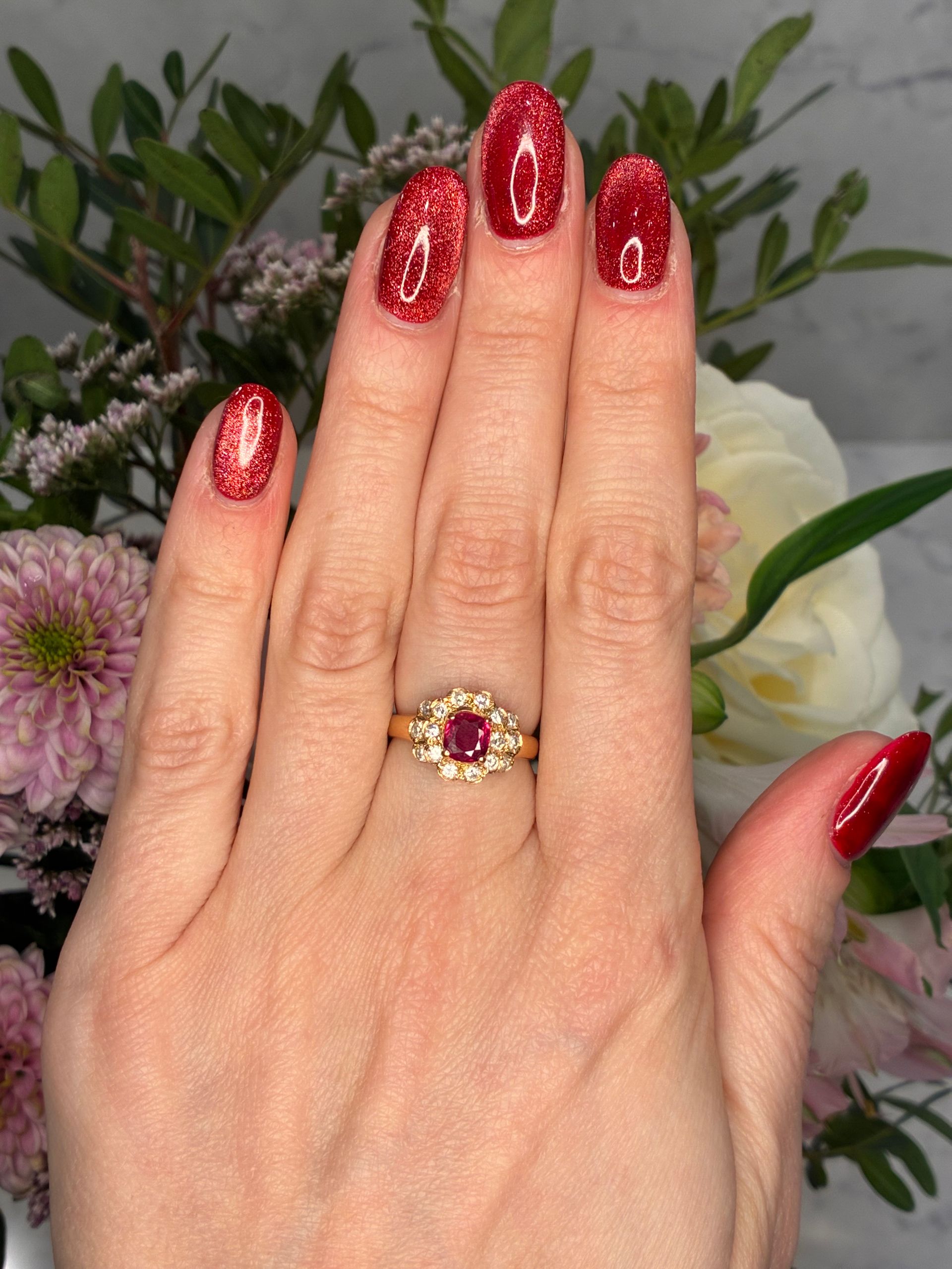 Vintage 18ct yellow gold, ruby and diamond flower ring