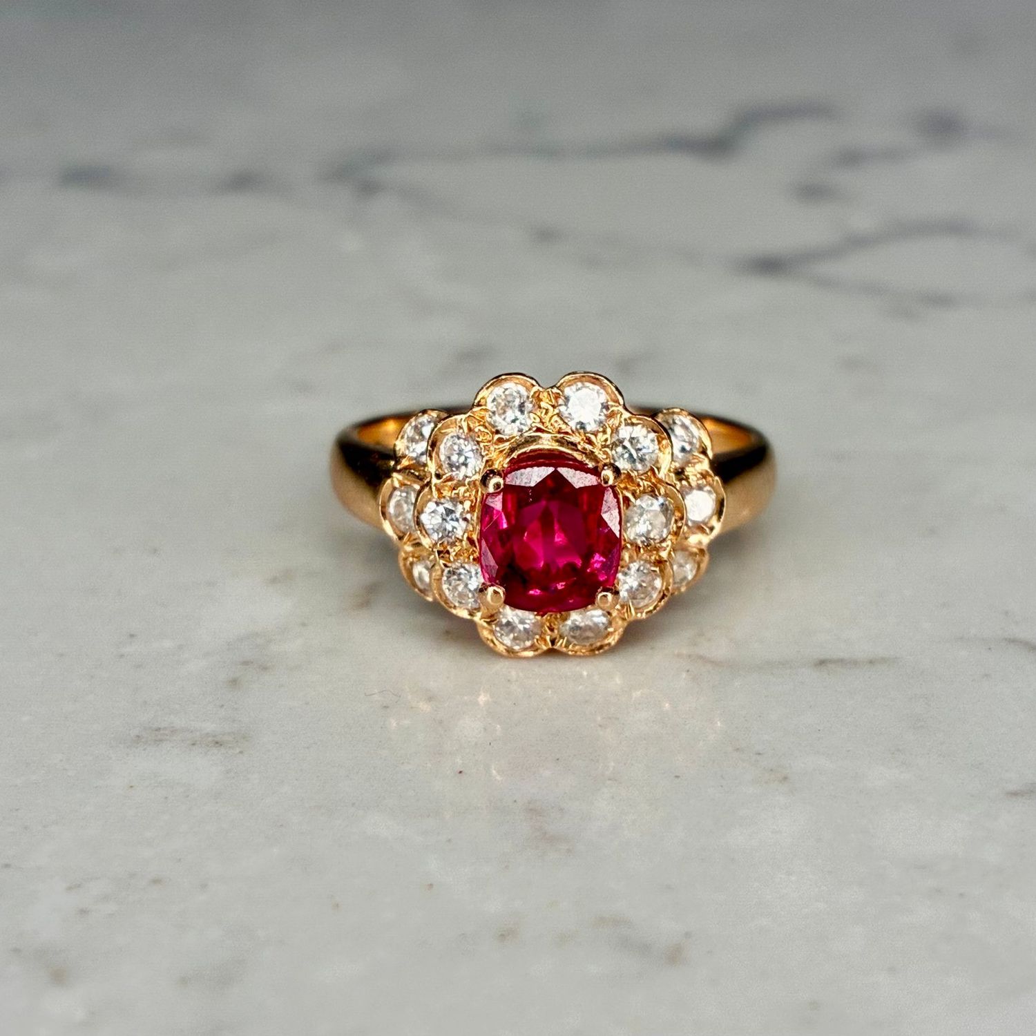 Vintage 18ct yellow gold, ruby and diamond flower ring