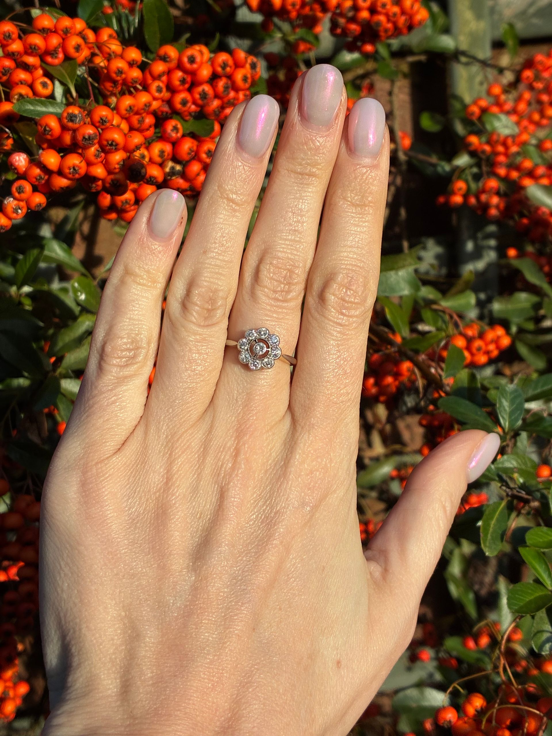 Edwardian 18ct gold and platinum openwork diamond daisy ring