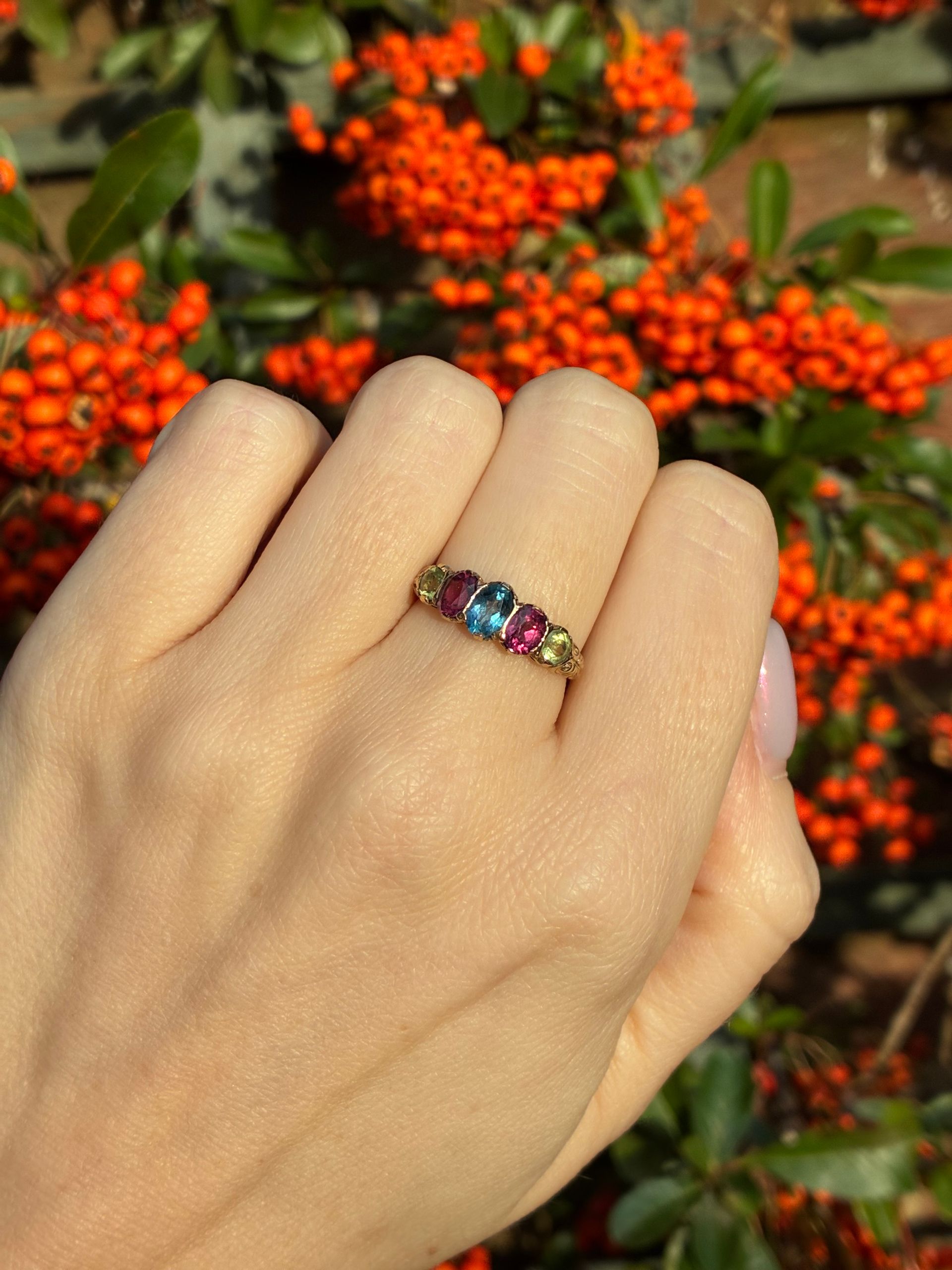 Vintage 9ct yellow gold tourmaline, peridot and blue topaz ring