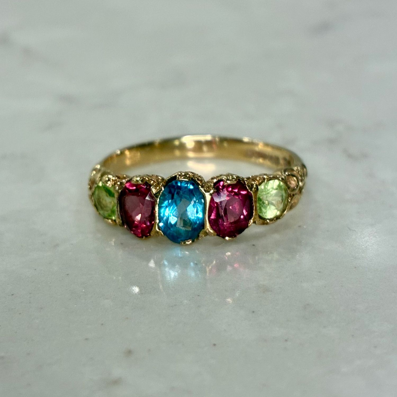 Vintage 9ct yellow gold tourmaline, peridot and blue topaz ring