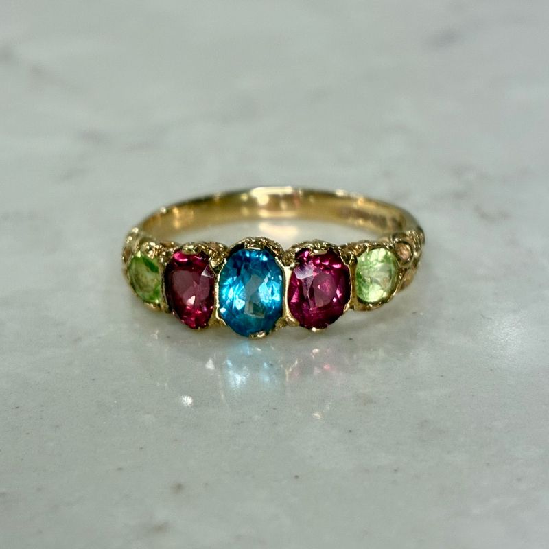 Vintage 9ct yellow gold tourmaline, peridot and blue topaz ring