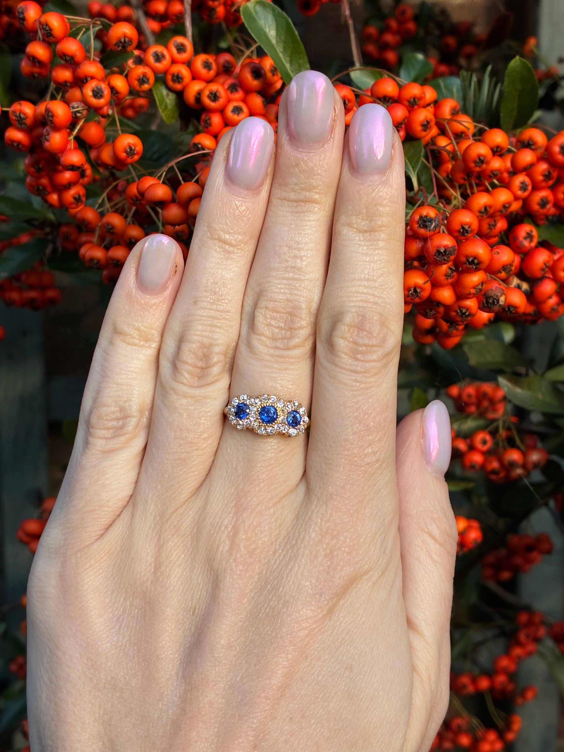 Vintage 18ct yellow gold, triple sapphire and diamond cluster ring