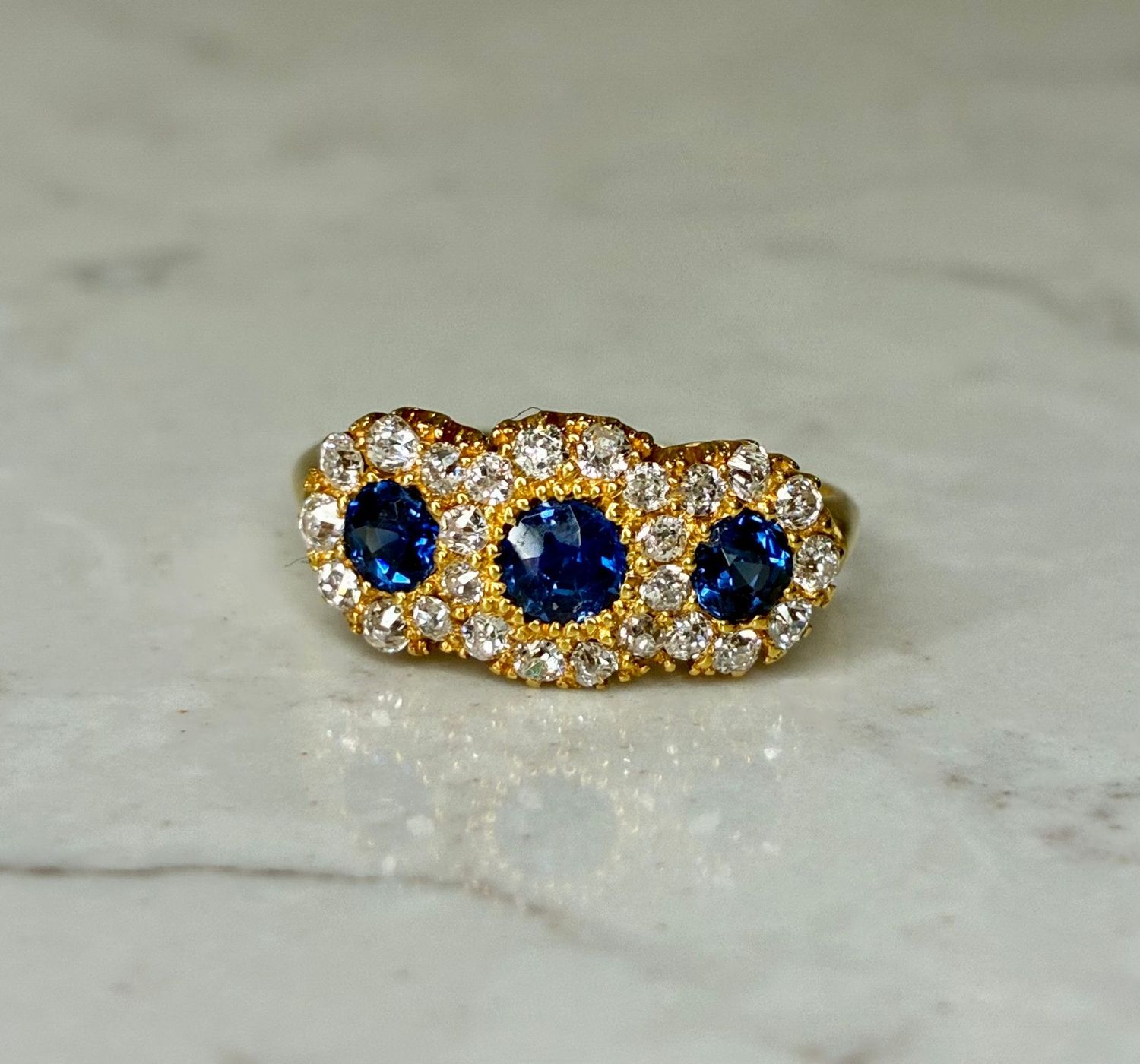 Vintage 18ct yellow gold, triple sapphire and diamond cluster ring