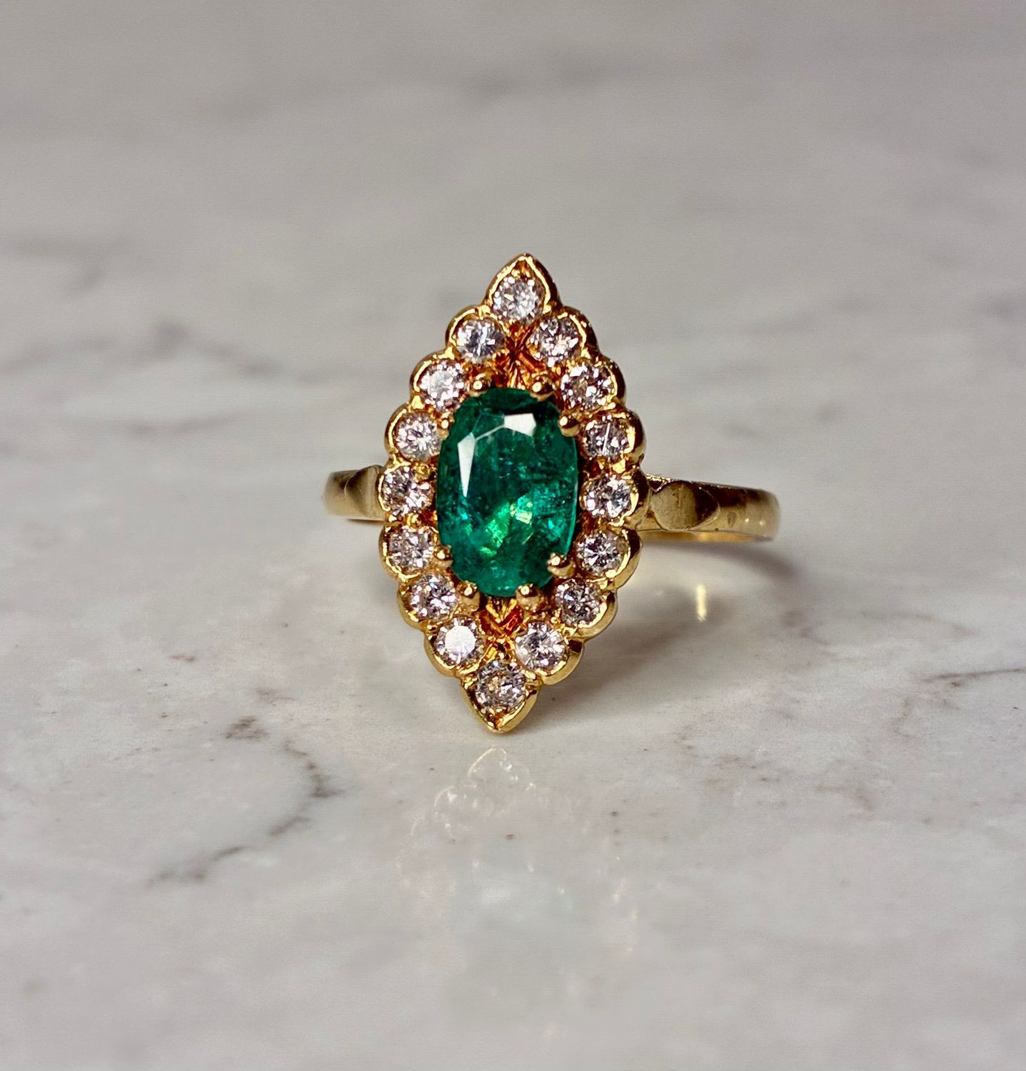 Vintage 18ct yellow gold emerald and diamond ring